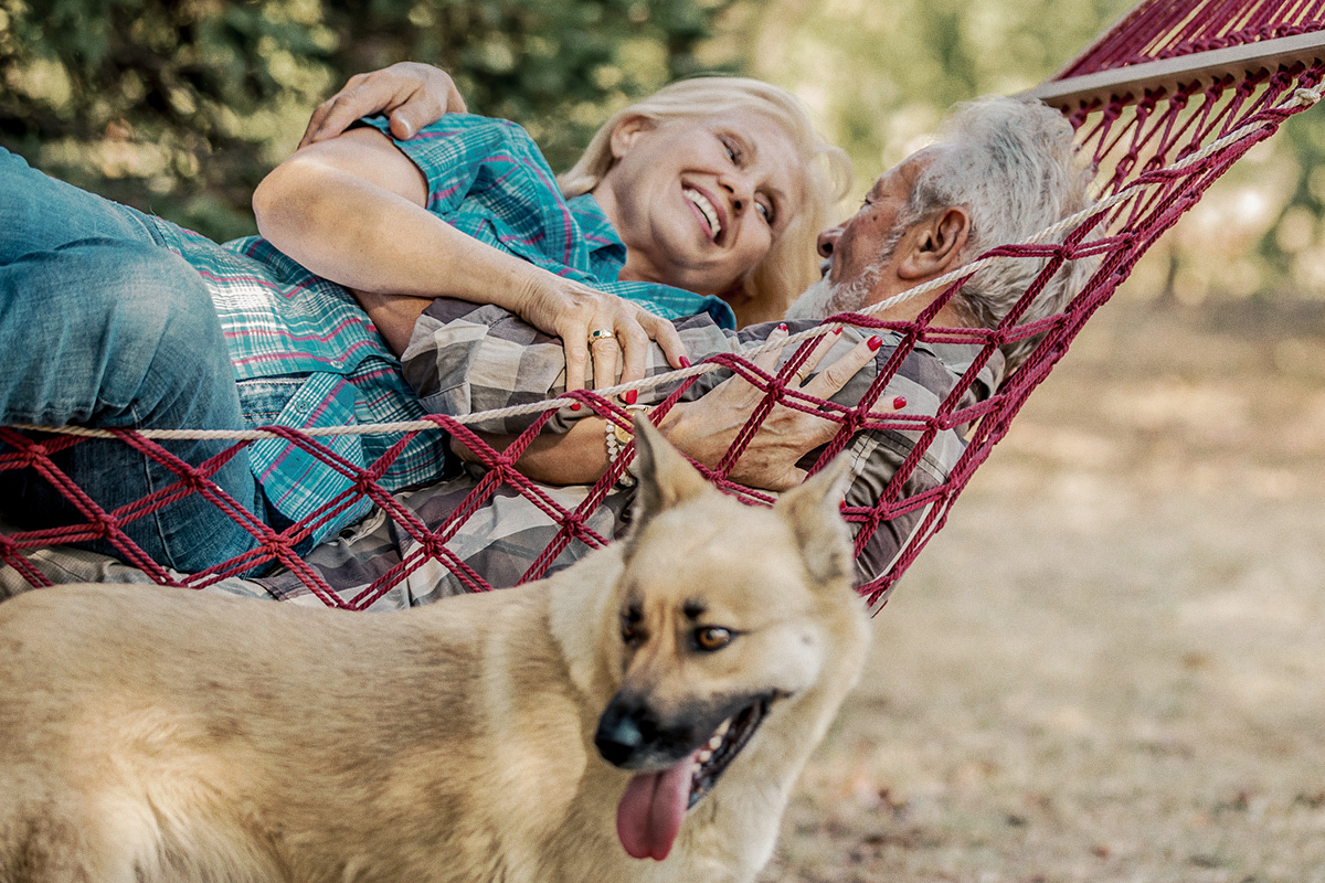senior couple laying in hammock with dog nearby